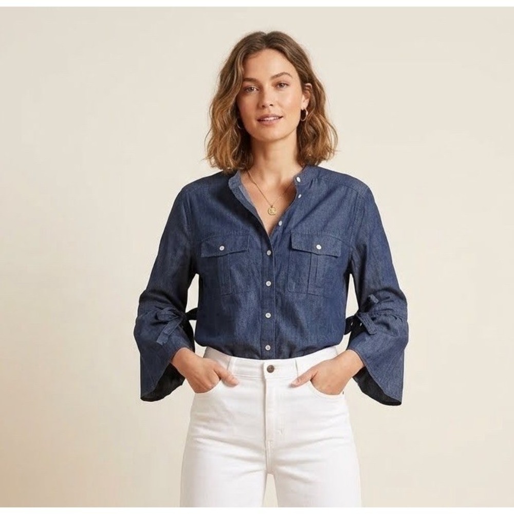 Margaret O'Leary Denim 100% Cotton Women Small Pearl Snap Button Flutter Top